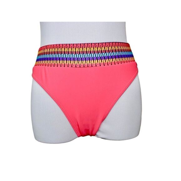 BOGOF Shein High Waist Coral Orange Tribal Waist Cheeky Swim Bottom MEDIUM Beach - Picture 1 of 9